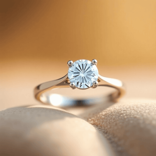 Close-up of an elegant engagement ring with a sparkling floating diamond above a split shank band, highlighted by warm natural lighting and a soft blurred backg