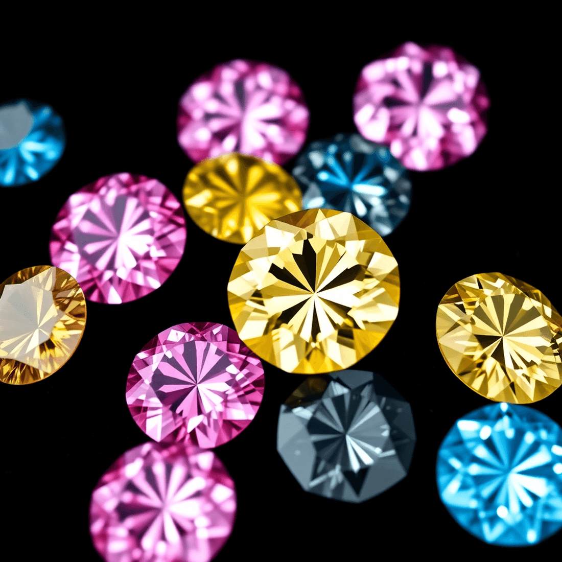 Close-up of sparkling pink, yellow, and blue diamonds arranged on dark velvet, showcasing their vibrant colors and brilliance.