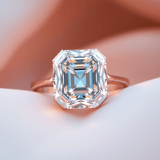Close-up of an Asscher cut diamond engagement ring with step-cut facets in a vintage setting on soft fabric, highlighted by warm lighting showcasing its geometr