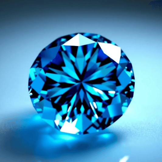 Close-up of a sparkling blue diamond with expertly cut facets reflecting vibrant light against a soft, elegant background.