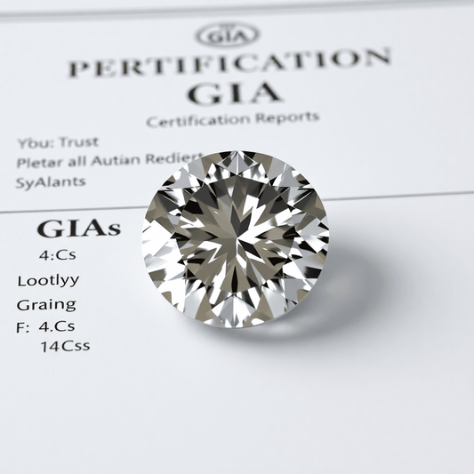 A sparkling diamond on an open GIA certification report displaying the 4Cs grading system against a clean, elegant background.