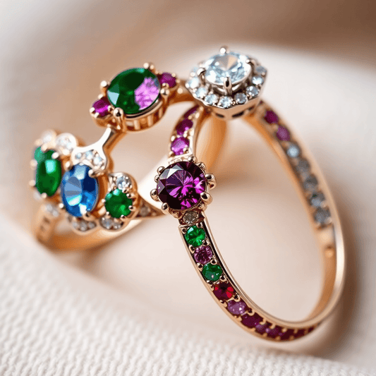 Close-up of elegant wedding bands with vibrant sapphires, rubies, and emeralds on a soft neutral background, highlighting their rich colors and sparkle.