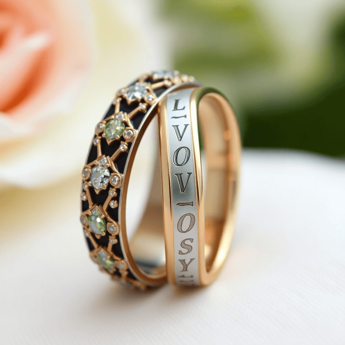 Close-up of elegant personalized wedding bands with unique materials and custom engravings on a soft, romantic background.