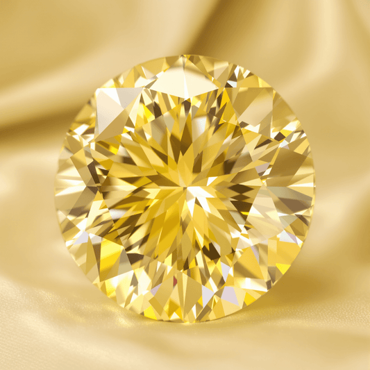 Close-up of a sparkling yellow diamond with a rich golden hue on a soft, elegant background highlighting its brilliance and warmth.