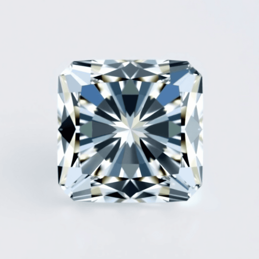 Close-up of a sparkling square diamond with cropped corners and intricate step facets, showcasing light reflections against a soft neutral background.