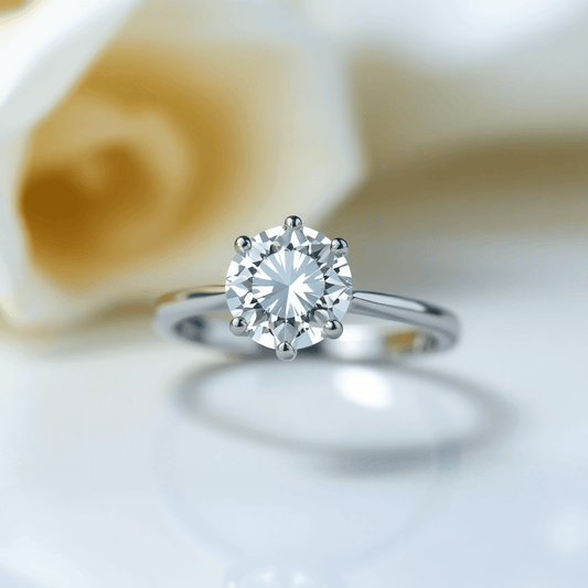 Close-up of a sparkling round brilliant diamond engagement ring on a delicate band with soft light reflections highlighting the facets.