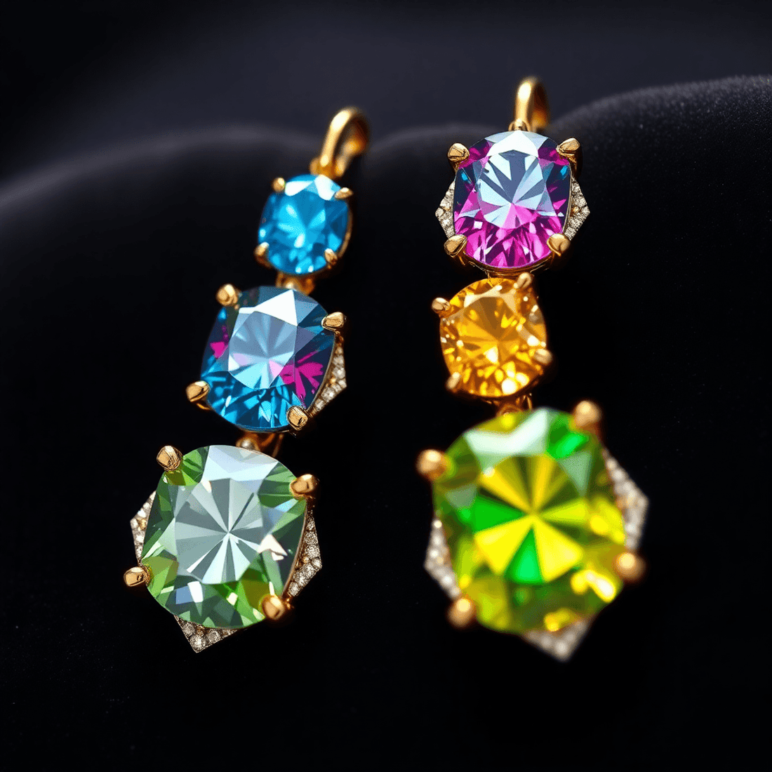 Close-up of colorful diamond earrings with blue, pink, yellow, and green stones set in gold, sparkling on a dark velvet background.