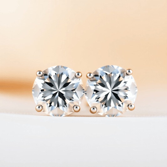Close-up of sparkling lab-grown diamond earrings on a soft neutral background, showcasing their clarity and brilliance in a realistic style.