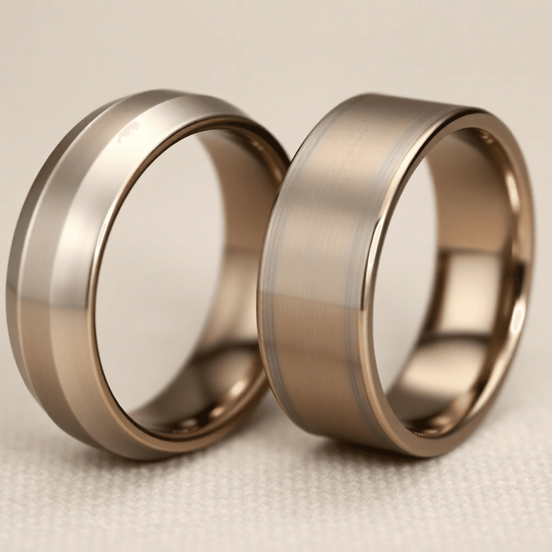 Close-up of two elegant rings side by side on a soft background, one with a curved interior and the other with a flat interior, showcasing different ring design