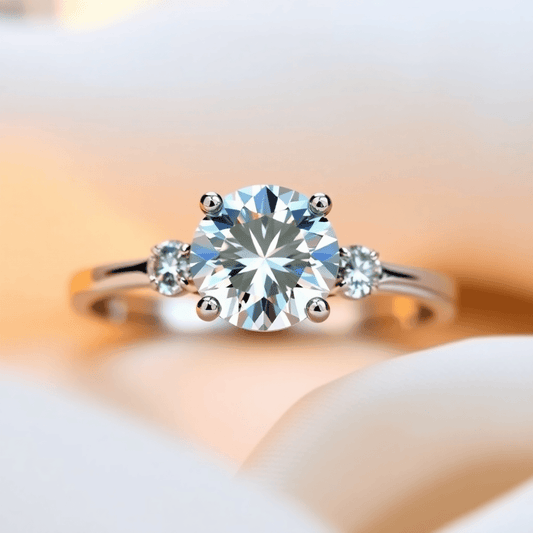 Close-up of a sparkling engagement ring with a large central diamond and smaller sidestones on a sleek band, highlighted by warm, soft lighting.