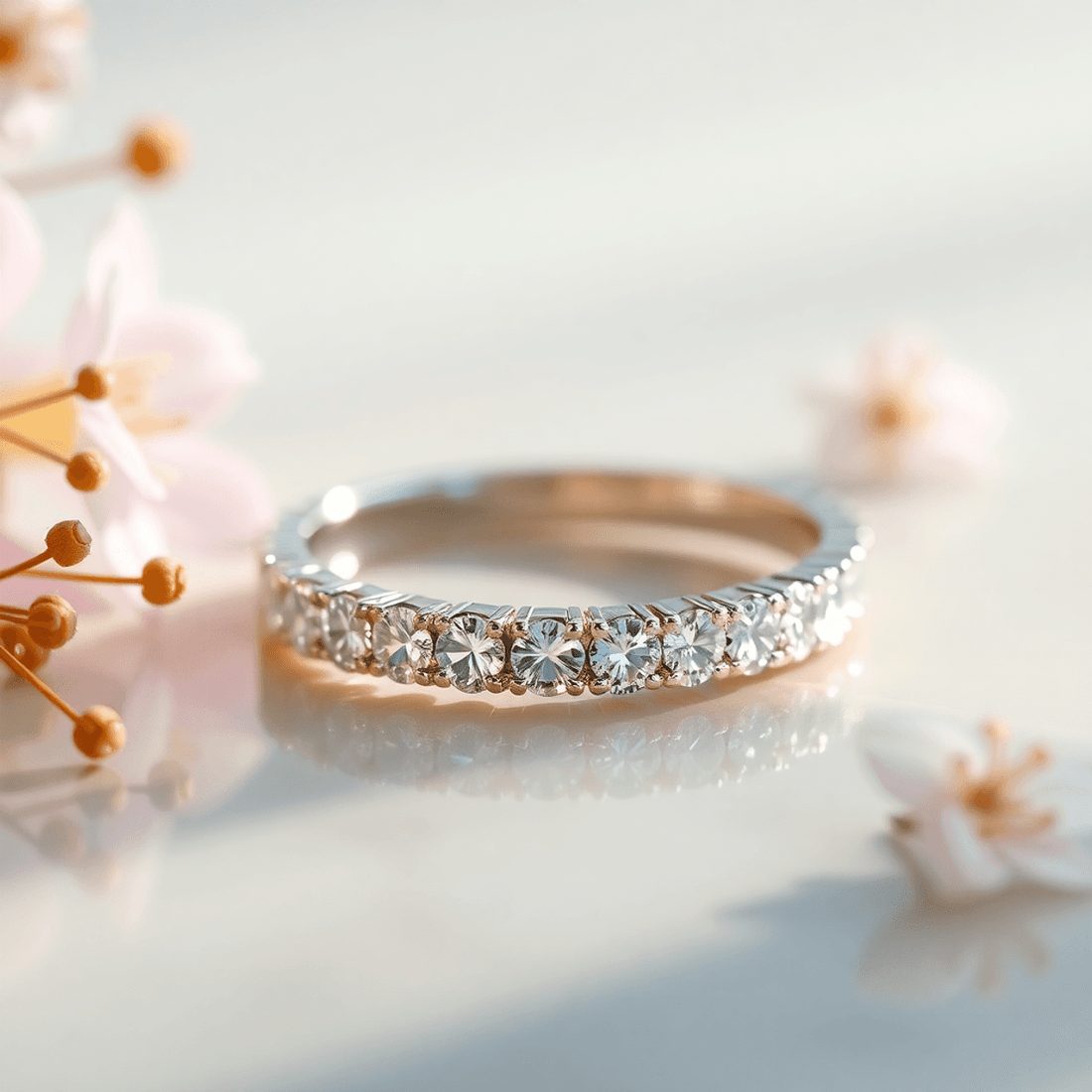 Close-up of a sparkling lab-grown diamond eternity band on a reflective surface with soft lighting, surrounded by recycled metals and delicate floral accents.