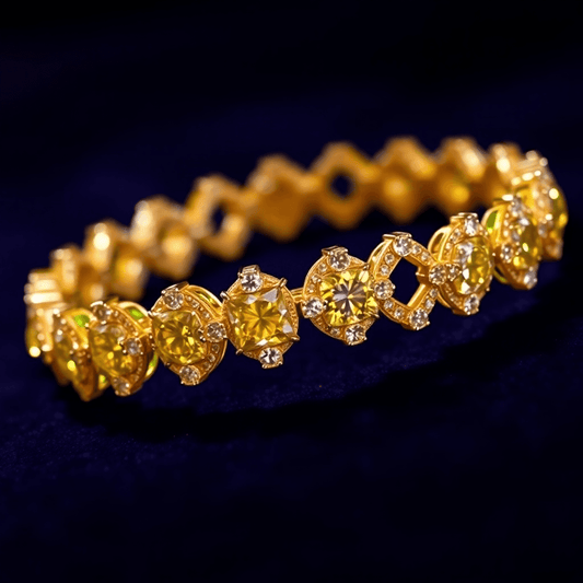 Close-up of an elegant yellow diamond bracelet sparkling on a dark velvet background, highlighting its golden hues and intricate design.