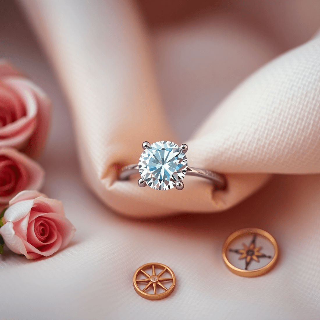 Close-up of a sparkling lab-grown diamond ring on soft fabric, surrounded by symbols of love, adventure, and individuality with warm lighting.