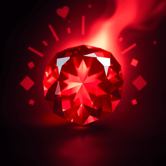 Close-up of a glowing ruby gemstone emitting radiant red light, surrounded by warm abstract shapes on a dark background, highlighting its fiery intensity.