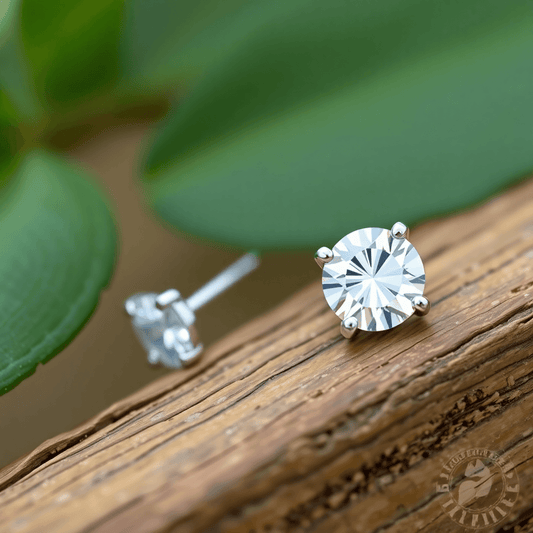 Close-up of sparkling lab-grown diamond earrings on a wooden surface with green leaves, symbolizing sustainable luxury and eco-friendliness.