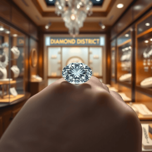 Close-up of a sparkling diamond on a jeweler’s hand with blurred jewelry displays and soft lighting in the background.