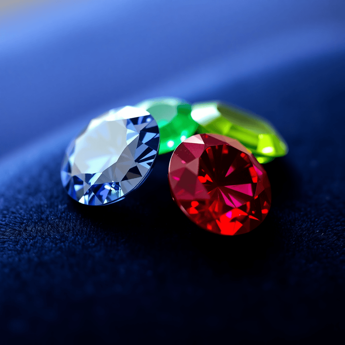 Close-up of sparkling sapphire, emerald, and ruby gemstones on velvet, highlighting their vibrant colors and brilliance with soft natural lighting.