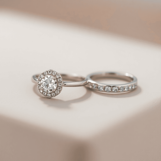 Close-up of a sparkling halo engagement ring and matching wedding band on a smooth surface, showcasing intricate details and delicate design under soft lighting