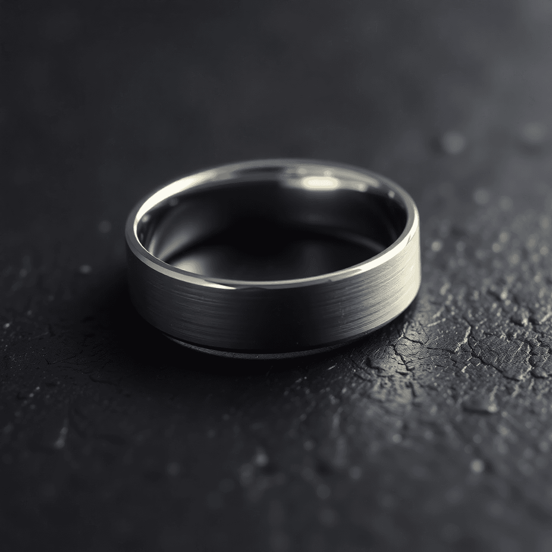 Close-up of a sleek platinum men's wedding band on a dark textured surface, softly lit to highlight its subtle shine and solid craftsmanship.