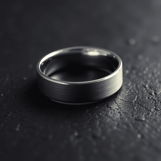 Close-up of a sleek platinum men's wedding band on a dark textured surface, softly lit to highlight its subtle shine and solid craftsmanship.