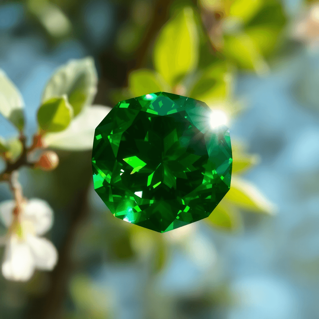 A glowing deep green emerald gemstone with soft heart-shaped light flares and gentle rays, set against blurred spring leaves and sunlight.