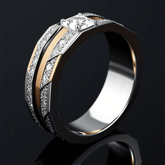 A sleek men's diamond wedding ring with bold geometric design and mixed metals on a dark elegant background, highlighting its texture and sparkle.