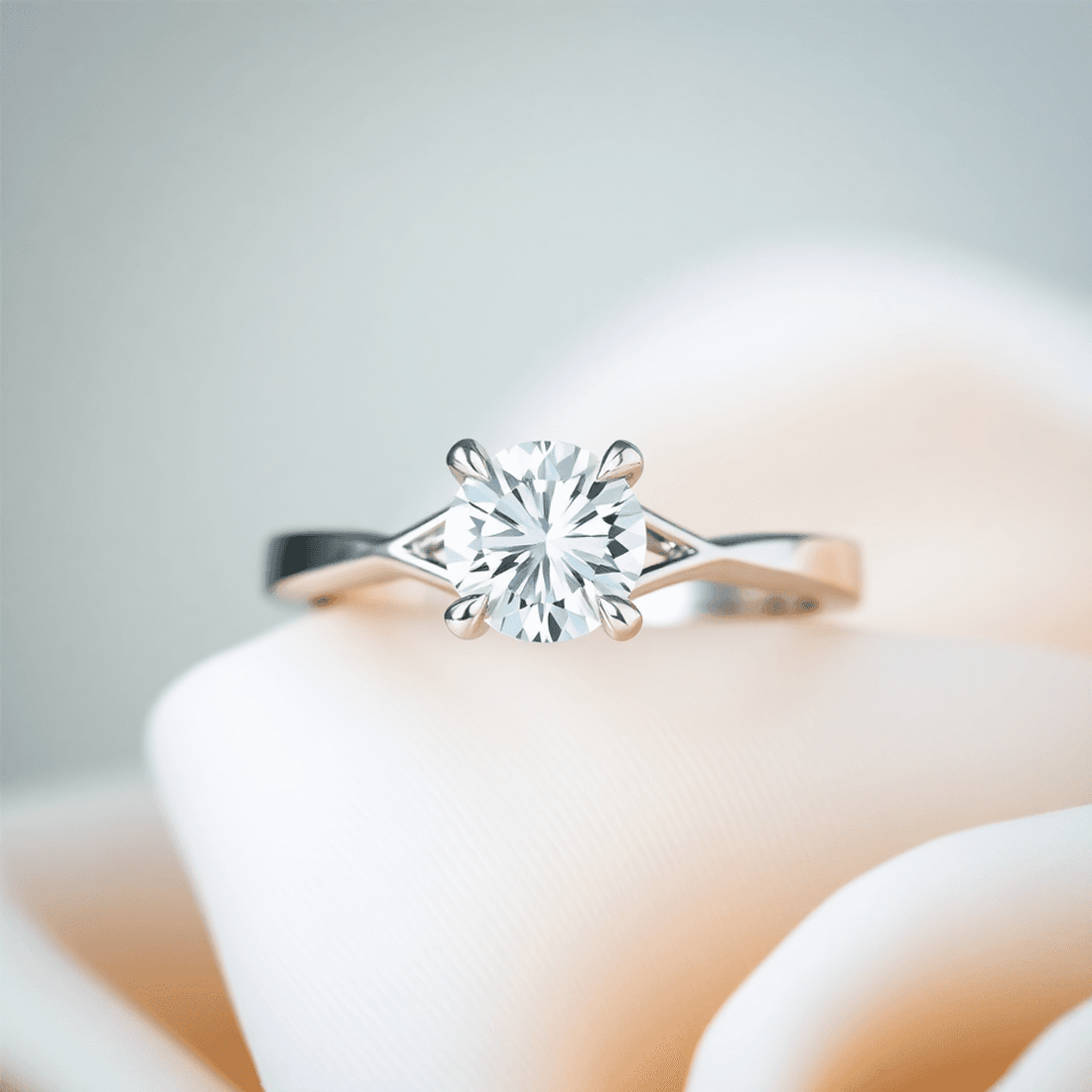 Close-up of a sparkling split shank diamond engagement ring with a brilliant center diamond on a soft, elegant background.