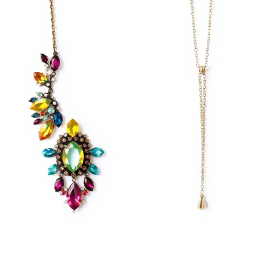 Split image of a bold, colorful statement necklace with large gemstones and a delicate, subtle pendant with a simple chain on a neutral background.