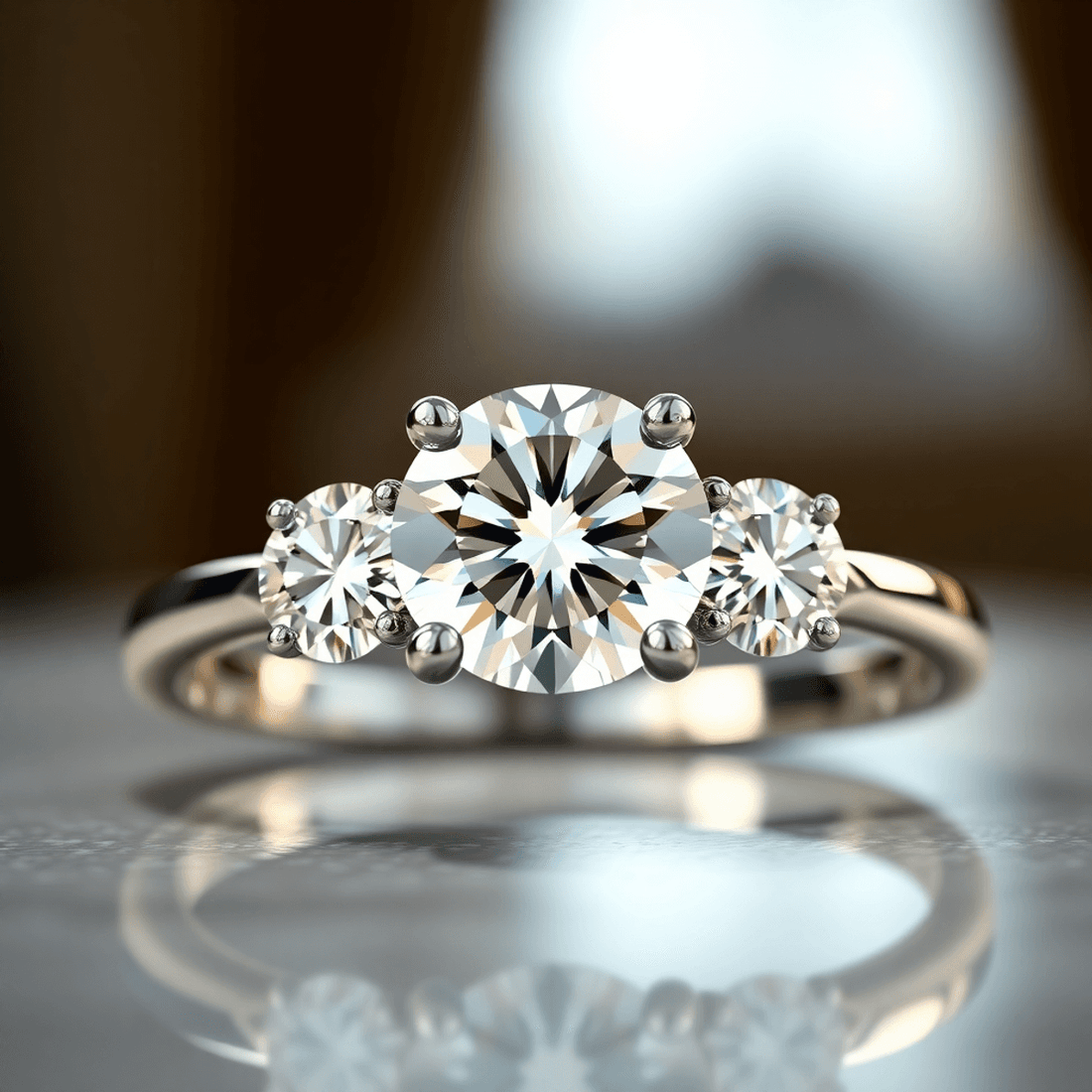 Close-up of a three-stone diamond ring with a large center diamond and two smaller diamonds on a polished metal band, glowing softly against a blurred backgroun