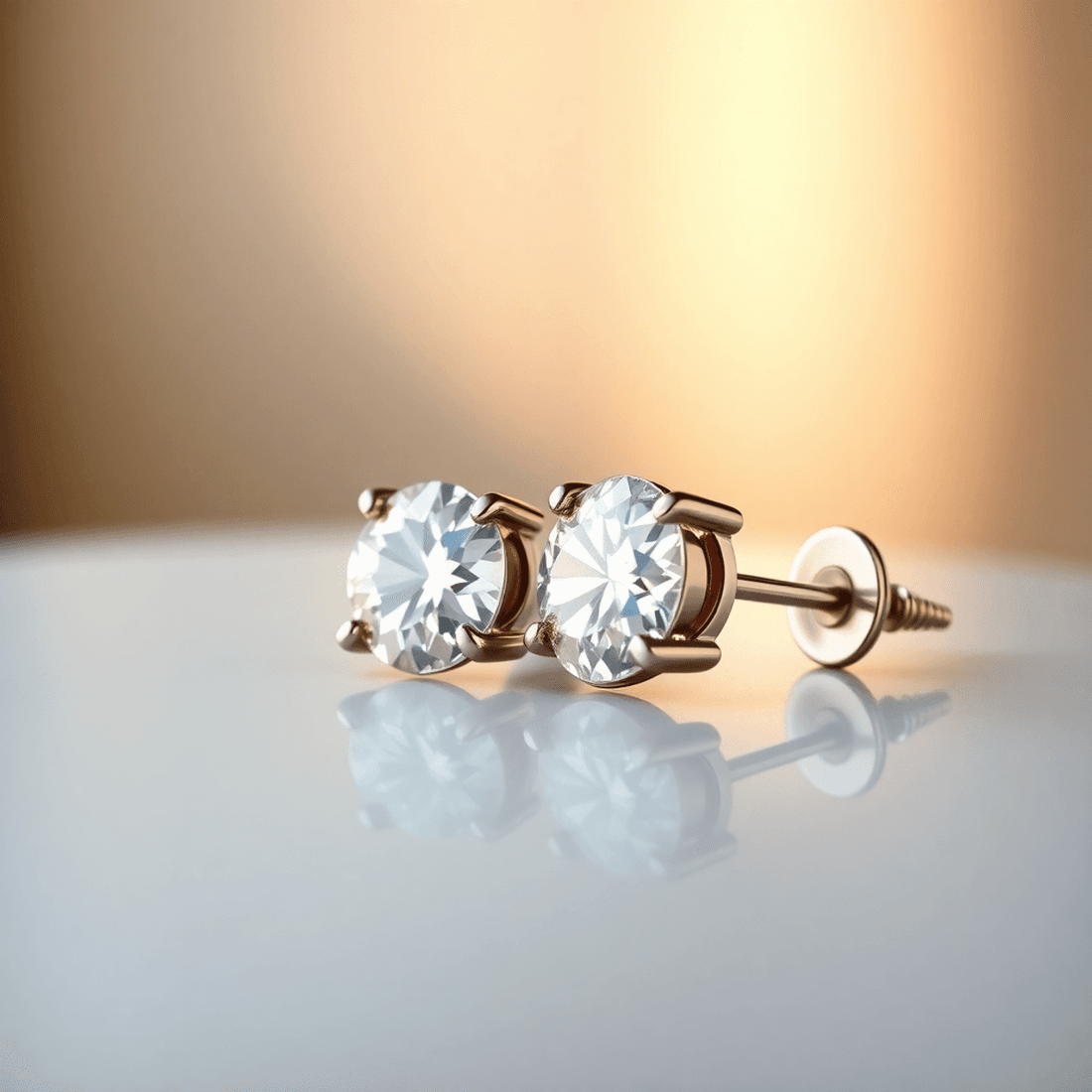 Close-up of elegant lab-grown diamond earrings on a reflective surface, showcasing gleaming metal settings and fine craftsmanship with warm, soft lighting.