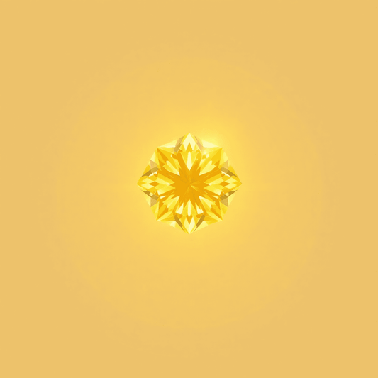 A glowing yellow diamond with soft light beams and molecular shapes on a clean background, symbolizing natural beauty and ethical innovation.
