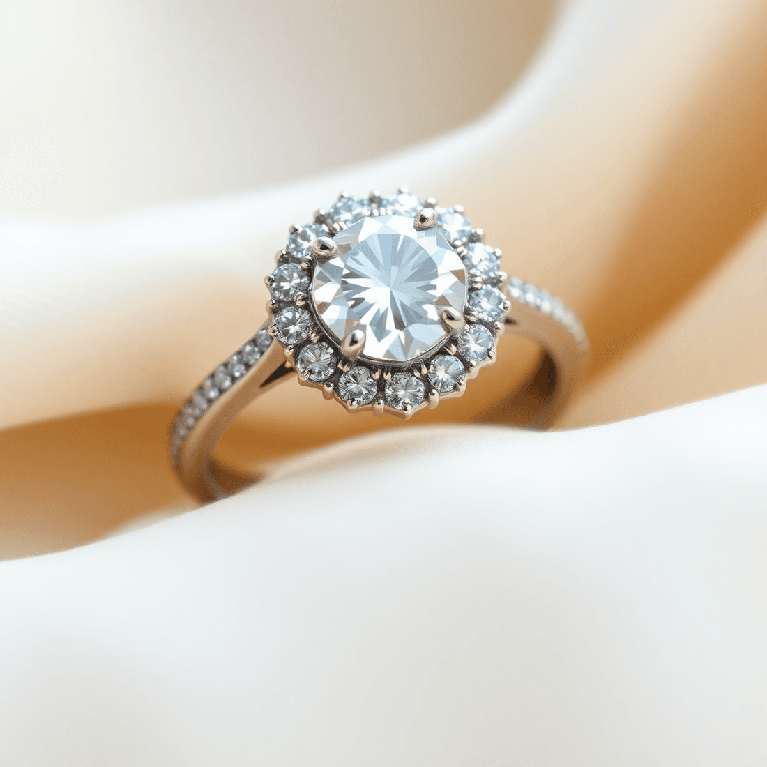 Close-up of a sparkling halo engagement ring with a large central diamond surrounded by smaller diamonds on a delicate band, resting on soft fabric.