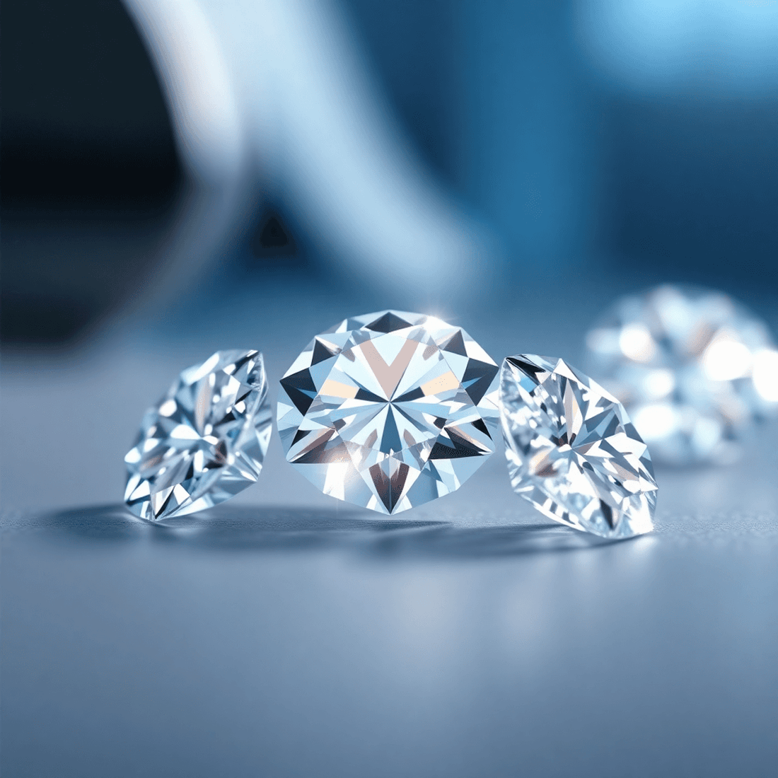 Close-up of sparkling lab-grown diamonds against a sleek, modern background symbolizing advanced technology and innovation in jewelry.