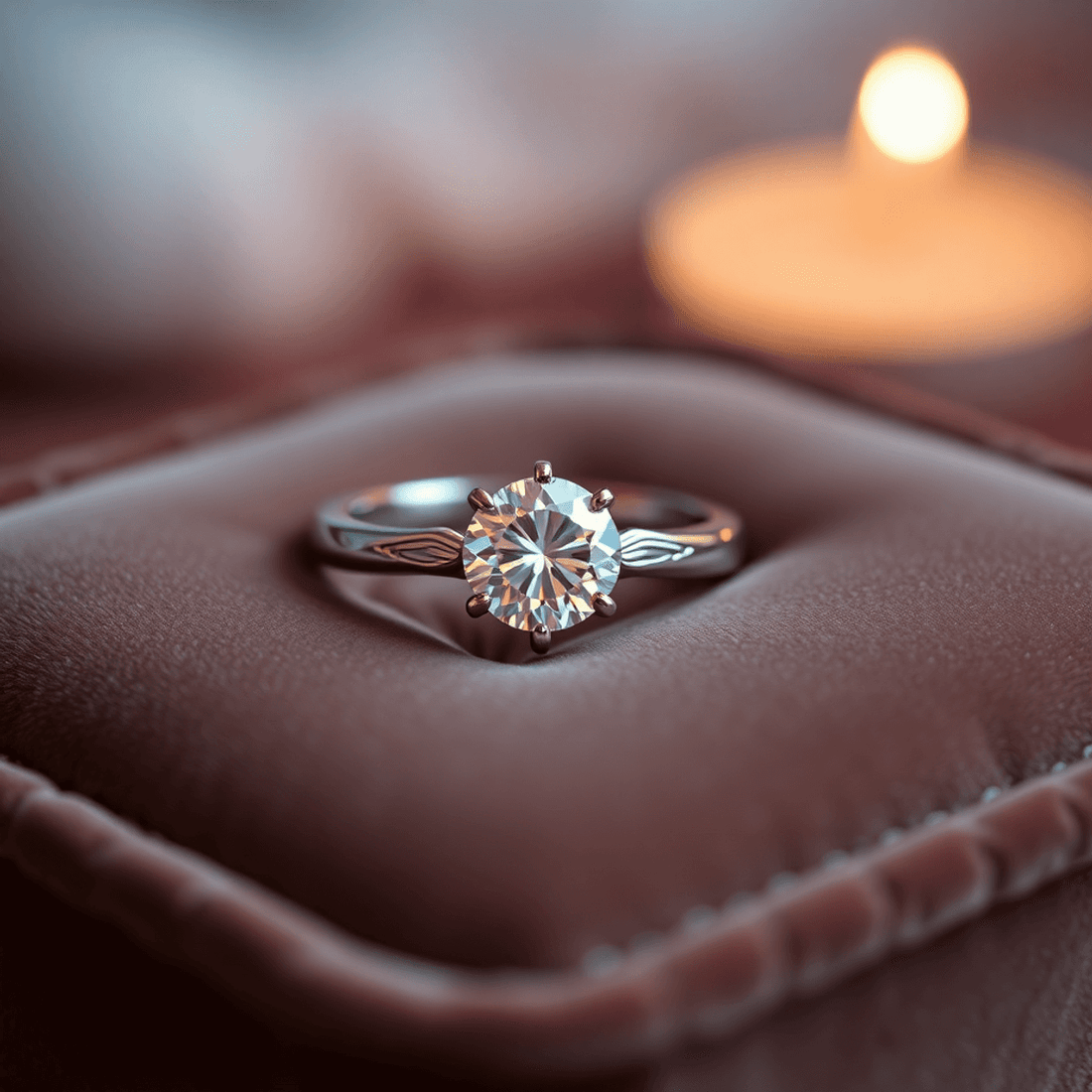 Close-up of a sparkling diamond wedding ring on a velvet cushion with soft warm lighting highlighting its intricate craftsmanship and brilliance.