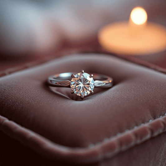 Close-up of a sparkling diamond wedding ring on a velvet cushion with soft warm lighting highlighting its intricate craftsmanship and brilliance.