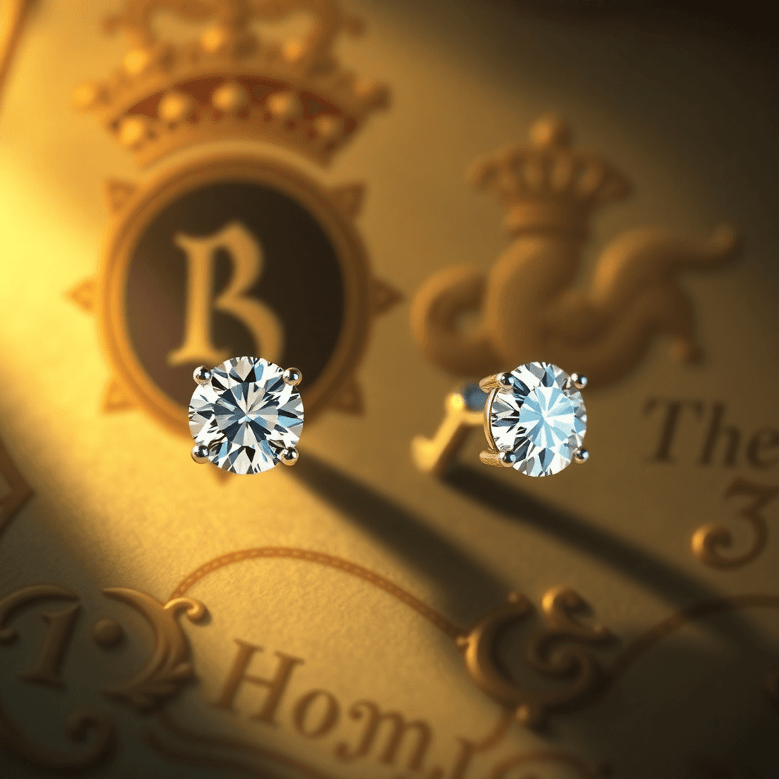Close-up of sparkling diamond stud earrings against a vintage background with royal and ancient motifs, bathed in soft warm light.