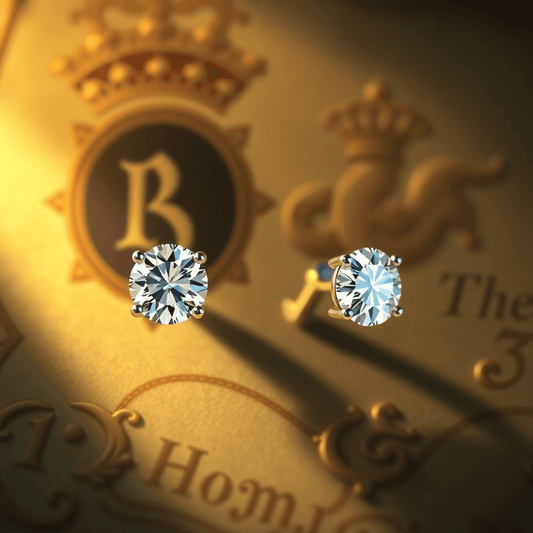 Close-up of sparkling diamond stud earrings against a vintage background with royal and ancient motifs, bathed in soft warm light.