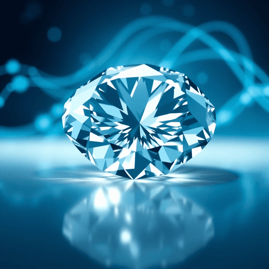 Close-up of a sparkling diamond on a reflective surface with glowing molecular structures and energy waves in cool blue and silver tones.