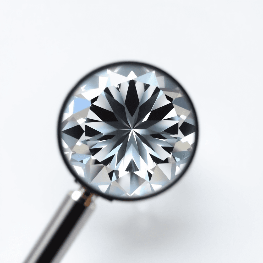 A sparkling near-flawless diamond highlighted by a magnifying glass, set against a clean white background emphasizing purity and brilliance.