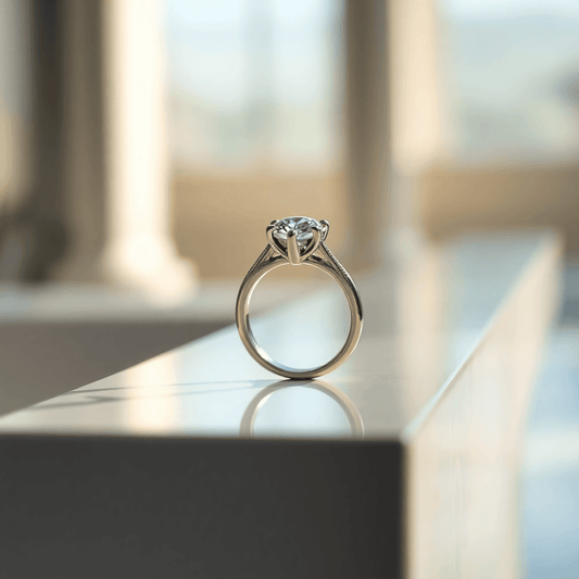 Close-up of a sparkling diamond ring on a polished surface with soft natural light and a blurred elegant background.