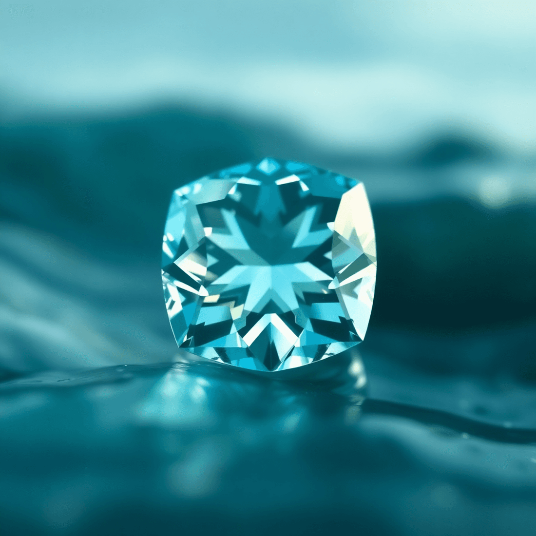 Close-up of a sparkling aquamarine gemstone with blue and green hues against a soft, blurred background resembling calm sea waves.