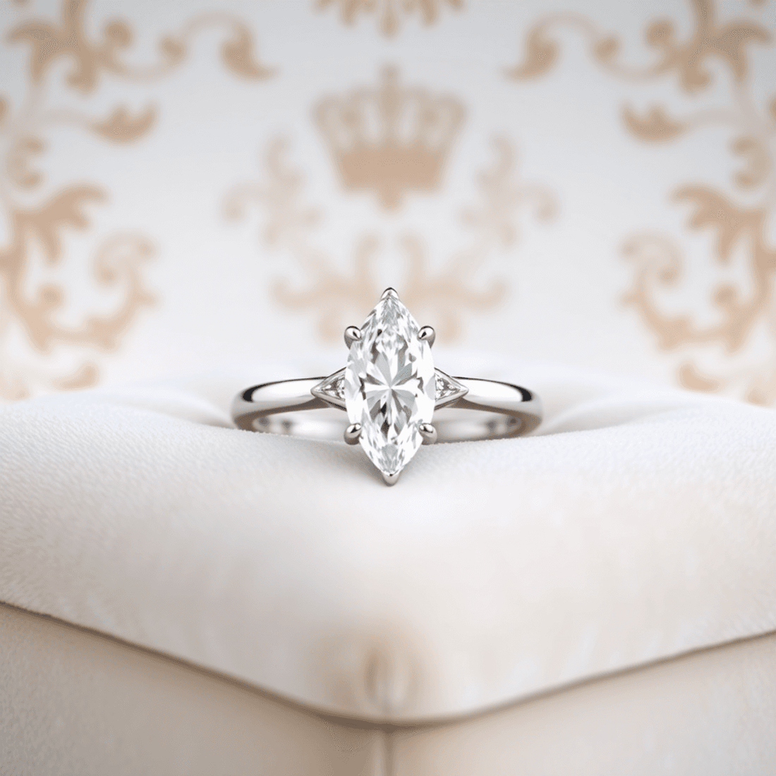 Close-up of a sparkling marquise cut diamond ring in white gold on a soft velvet cushion with subtle royal motifs in the background.