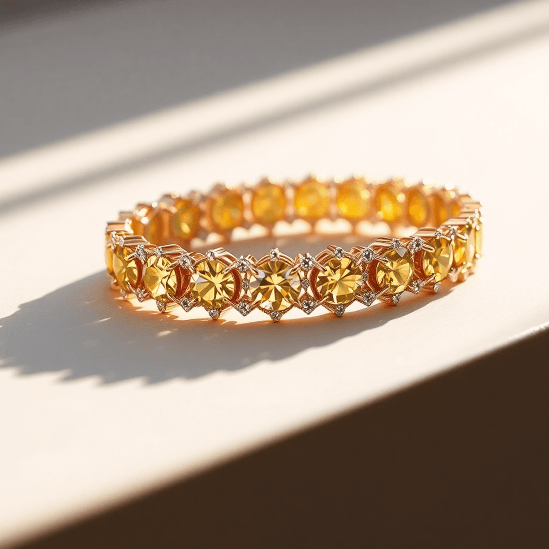 Close-up of a sparkling yellow diamond bracelet on a smooth neutral surface with soft sunlight highlighting its warm golden hues.