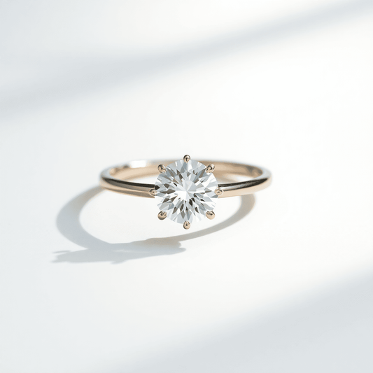 Close-up of a sparkling round brilliant diamond solitaire ring with a thin band on a neutral background, showcasing minimalist elegance and timeless beauty.