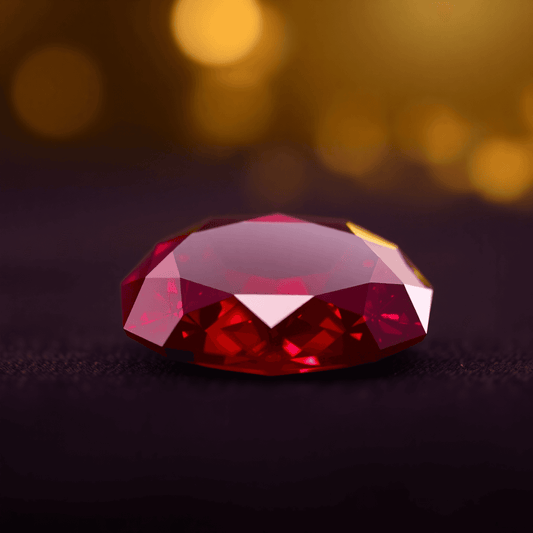 Close-up of a deep red ruby gemstone with sparkling facets on a dark surface, set against a softly blurred warm golden background.