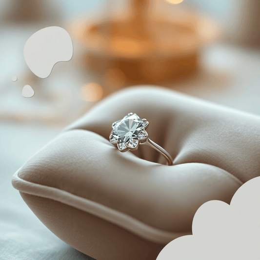 Close-up of a sparkling diamond ring on velvet cushion with abstract shapes and warm light highlighting the diamond against a blurred elegant background.