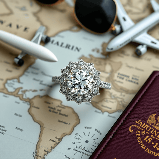 Close-up of a sparkling halo diamond ring on a vintage world map next to an airplane model, passport, and sunglasses, symbolizing adventure and elegance.