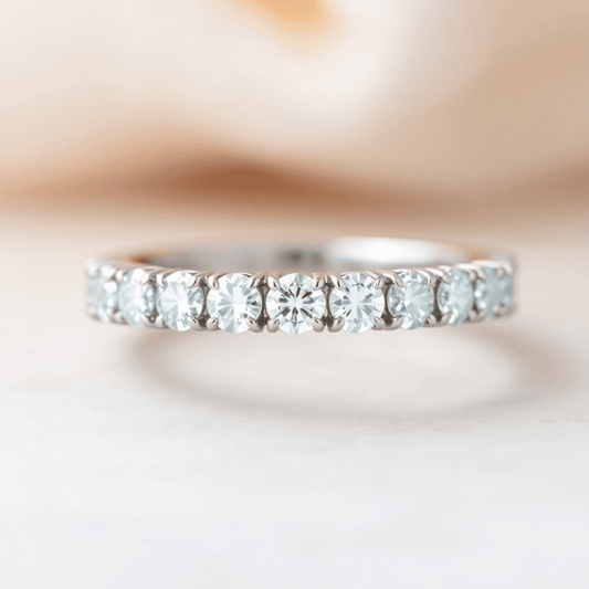 Close-up of a sparkling diamond eternity ring on a sleek metal band, softly lit to highlight the brilliance and facets of the stones against a blurred neutral b
