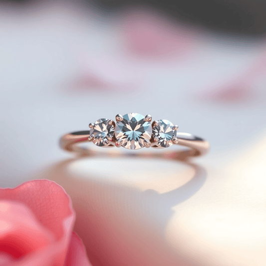 Close-up of a three-stone engagement ring with sparkling gemstones on a delicate band, set against a soft background with gentle light and rose petal hints.