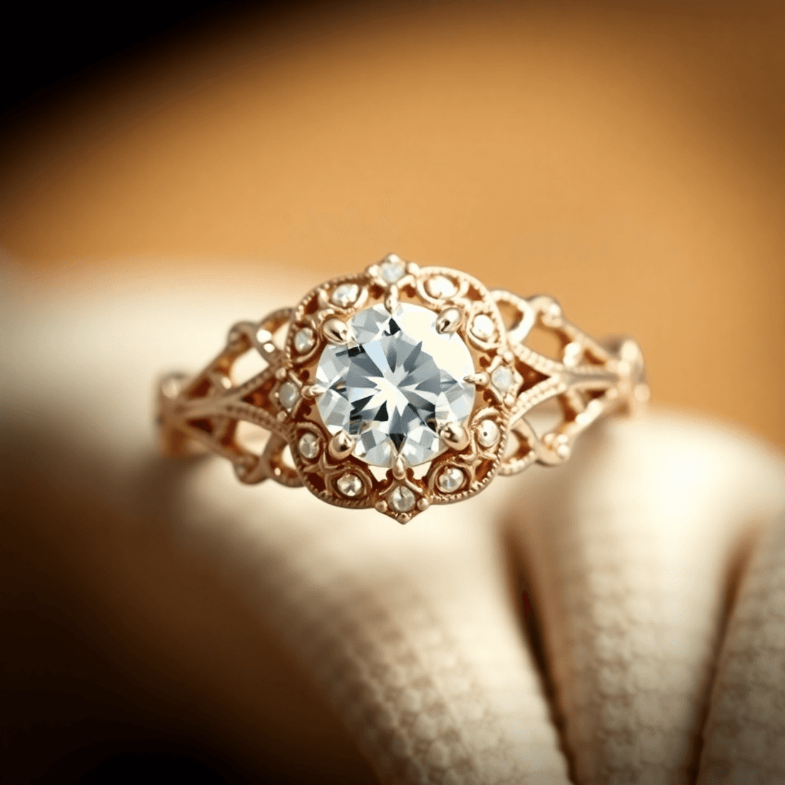 Close-up of a vintage-style engagement ring with intricate filigree and a sparkling diamond centerpiece on a warm, soft background.